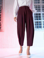 Women Burgundy Button Hem Darted Balloon Pants