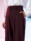 Women Burgundy Button Hem Darted Balloon Pants