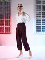 Women Burgundy Button Hem Darted Balloon Pants