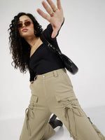 Women Beige Cris Cross Pocket Detail Cargo Pants