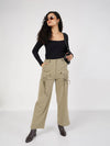 Women Beige Cris Cross Pocket Detail Cargo Pants