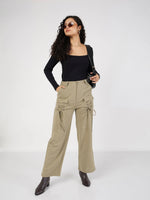 Women Beige Cris Cross Pocket Detail Cargo Pants