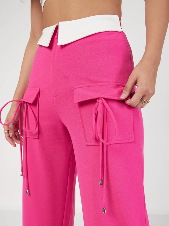 Women Pink Contrast Waistband Cargo Pants