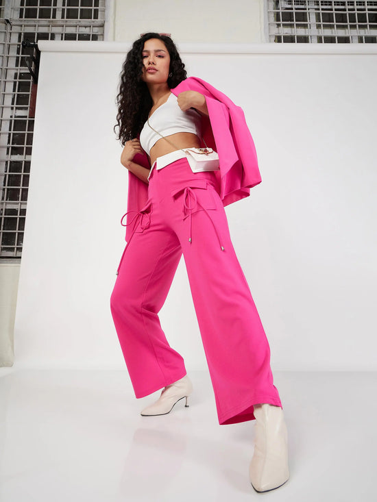 Women Pink Contrast Waistband Cargo Pants