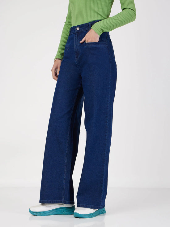 Women Blue Bone Pocket Straight Jeans