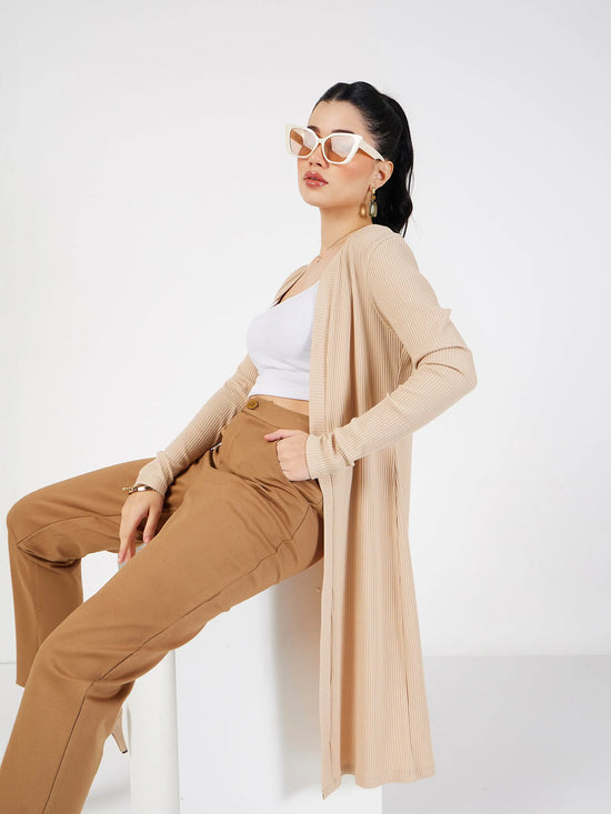 Women Beige Rib Front Open Shrug