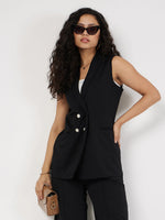 Women Black Double-Breast Sleeveless Longline Blazer