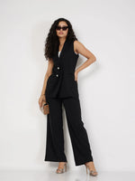 Women Black Double-Breast Sleeveless Longline Blazer