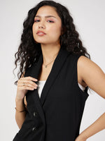 Women Black Double-Breast Sleeveless Longline Blazer