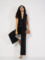 Women Black Double-Breast Sleeveless Longline Blazer