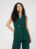 Women Emerald Double-Breast Sleeveless Longline Blazer