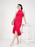 Women Red Rib Fish Frill Bodycon Midi Dress