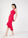 Women Red Rib Fish Frill Bodycon Midi Dress