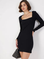 Women Black Rib Square Neck Short Dress-SFDRSS11602XS