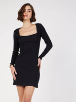 Women Black Rib Square Neck Short Dress-SFDRSS11602XS