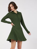 Women Olive Rib Polo Neck Skater Dress