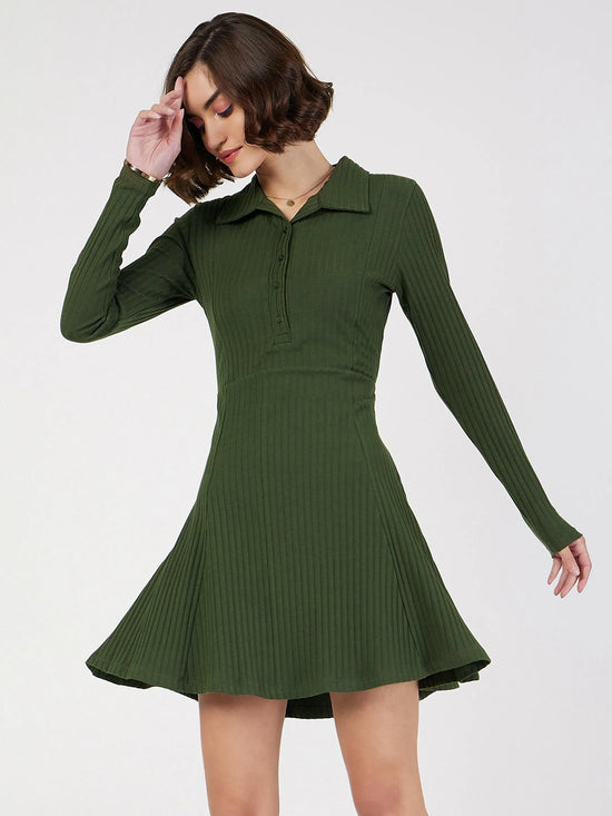 Women Olive Rib Polo Neck Skater Dress