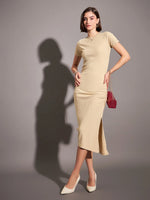 Women Beige Rib Side Ruched Bodycon Maxi Dress