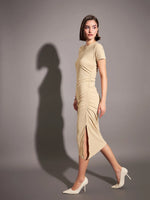 Women Beige Rib Side Ruched Bodycon Maxi Dress