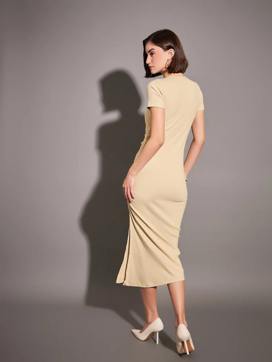 Women Beige Rib Side Ruched Bodycon Maxi Dress