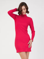 Women Red Rib Turtle Neck Short Dress