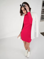 Women Red Rib Turtle Neck Short Dress