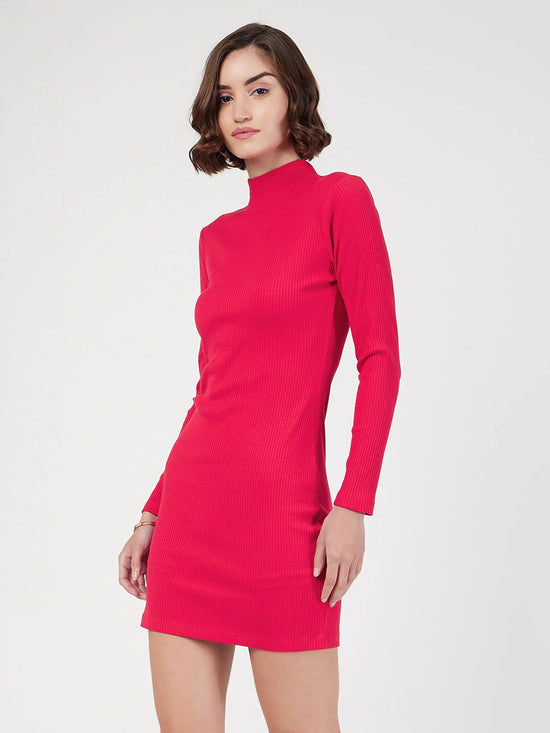 Women Red Rib Turtle Neck Short Dress