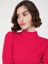 Women Red Rib Turtle Neck Short Dress