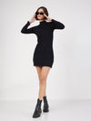 Women Black Rib Turtle Neck Short Dress