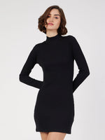 Women Black Rib Turtle Neck Short Dress