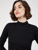 Women Black Rib Turtle Neck Short Dress