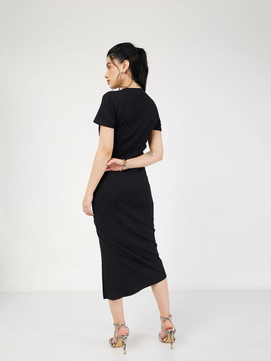 Women Black Rib Side Ruched Bodycon Maxi Dress