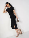 Women Black Rib Side Ruched Bodycon Maxi Dress