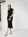 Women Black Rib Side Ruched Bodycon Maxi Dress