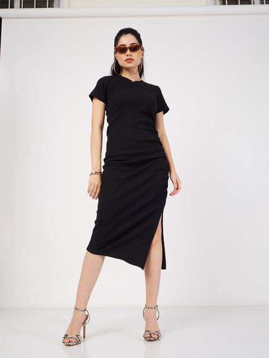 Women Black Rib Side Ruched Bodycon Maxi Dress