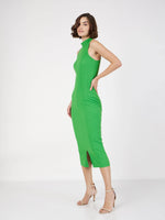 Women Green Rib Turtle Neck Sleeveless Midi Dress