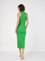 Women Green Rib Turtle Neck Sleeveless Midi Dress