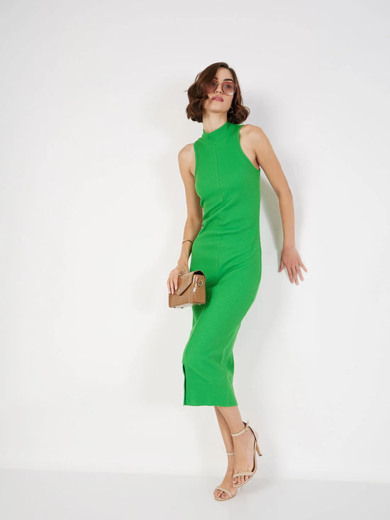 Women Green Rib Turtle Neck Sleeveless Midi Dress