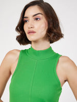 Women Green Rib Turtle Neck Sleeveless Midi Dress