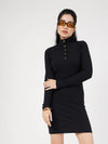 Women Black Rib High Neck Front Button Mini Dress