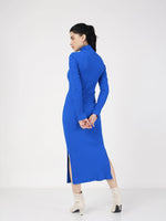 Women Royal Blue Rib High Neck Front Zipper Dress