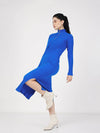 Women Royal Blue Rib High Neck Front Zipper Dress