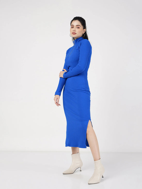 Women Royal Blue Rib High Neck Front Zipper Dress