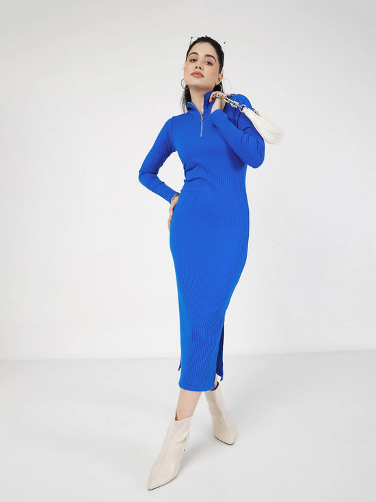 Women Royal Blue Rib High Neck Front Zipper Dress