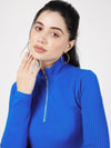 Women Royal Blue Rib High Neck Front Zipper Dress