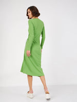 Women Green Rib Side Ruched Bodycon Midi Dress