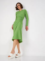 Women Green Rib Side Ruched Bodycon Midi Dress