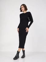 Women Black Rib Bodycon Midi Dress