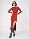 Women Rust Rib Turtle Neck Front Slit Dress