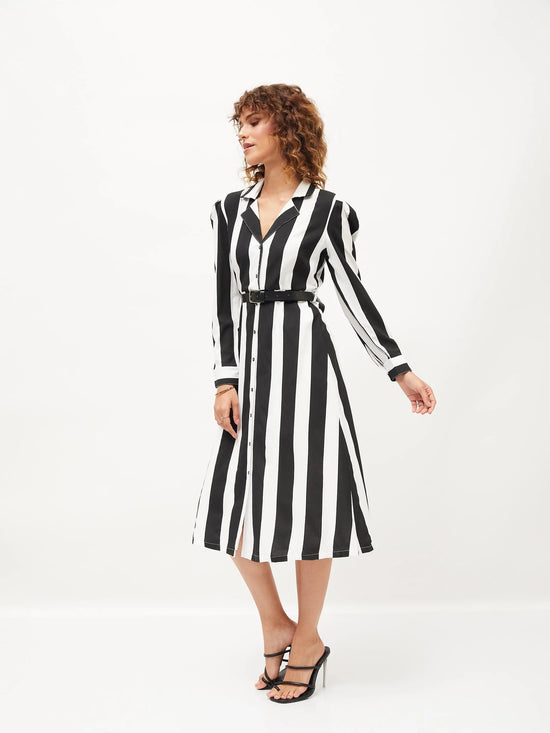 Women Black & White Striped Belted Shirt Dress